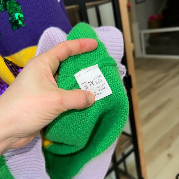 Mardi Gras sequins sweater knit crewneck embroidered pullover sweatshirt top QOS - Picture 6 of 12